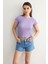 Kadın Dokuma Kumaşlı Yuvarlak Yaka Kısa Kollu Kırpılmış Üst Purple 1