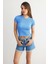 Kadın Dokuma Kumaşlı Yuvarlak Yaka Kısa Kollu Kırpılmış Üst Blue 1