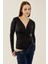 Kadın V Yaka Uzun Kollu Slim Fit Bodysuit Black 2
