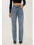Kadın Orta Bel Straight Leg Jean Koyu Mavi Denim 3