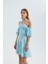 Kadın Çiçek Desenli Kat-Aşağı Askılı Mini Elbise Mavi 3