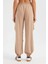 Kadın Bağcıklı Yüksek Bel Dokuma Jogger Pantolon Bej Doğal 3
