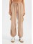 Kadın Bağcıklı Yüksek Bel Dokuma Jogger Pantolon Bej Doğal 4