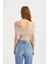 Kadın Örme Nervürlü Kısa Kollu Crop Top Bej Doğal 4