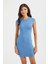 Kadın Arka Kesik Detaylı Bisiklet Yaka Kısa Kollu Mini Beden Oturan Elbise Mavi 3