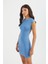 Kadın Arka Kesik Detaylı Bisiklet Yaka Kısa Kollu Mini Beden Oturan Elbise Mavi 4