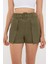 Kadın Cebi ve Kuşak Detaylı Pamuk Yüksek Bel Şort Haki Yeşil 1