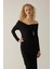 Kadın Drapeli Off Shoulder Bodycon Maxi Elbise Black 1