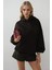 Kadın Extra Oversize Kapüşonlu Kalın Polarlı Hoodie Black 2