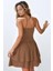 Kadın Straplez Fırfırlı Arkası Gipeli Mini Elbise Brown 5