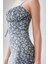 Kadın Yırtmaç Detaylı Çiçek Desenli Bodycon Midi Elbise Blue 3