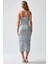 Kadın Yırtmaç Detaylı Çiçek Desenli Bodycon Midi Elbise Blue 7
