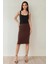 Kadın Yüksek Bel Bodycon Midi Örme Etek Brown 2