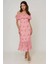 Kadın Omzu Açık Çiçek Desenli Bodycon Midi Elbise Pink 1