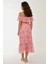 Kadın Omzu Açık Çiçek Desenli Bodycon Midi Elbise Pink 4