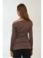 Kadın Asimetrik Yaka Uzun Kollu Drape Detaylı Slim Fit Üst Brown 5