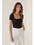 Kadın Bisiklet Yaka Örme Bodysuit Black 4