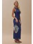 Kadın Çiçek Desenli Bisiklet Yaka Bodycon Uzun Elbise Blue 2