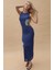 Kadın Çiçek Desenli Bisiklet Yaka Bodycon Uzun Elbise Blue 3