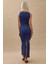 Kadın Çiçek Desenli Bisiklet Yaka Bodycon Uzun Elbise Blue 6