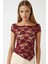 Kadın Çiçekli Dantel Kısa Üst Pika Koleksiyonu Bordo Kırmızı 2