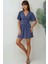 Kadın V Yaka Kısa Kol Büzgülü Mini Elbise Oxford Mavisi 2