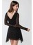 Kadın Çiçek Desenli Tül V Yaka Mini Elbise Black 6