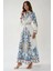 Kadın Baskılı Uzun Kol Kemerli Modest Elbise Blue 2