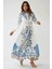 Kadın Baskılı Uzun Kol Kemerli Modest Elbise Blue 3