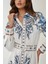 Kadın Baskılı Uzun Kol Kemerli Modest Elbise Blue 4