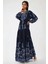 Kadın Baskılı Uzun Kol Viskon Modest Elbise Lacivert 1