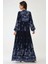 Kadın Baskılı Uzun Kol Viskon Modest Elbise Lacivert 2