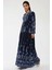 Kadın Baskılı Uzun Kol Viskon Modest Elbise Lacivert 4