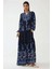 Kadın Baskılı Uzun Kol Viskon Modest Elbise Lacivert 6