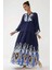 Kadın Baskılı Uzun Kol Viskon Modest Elbise Blue 1