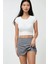 Kadın Yırtmaç Detaylı Çizgili Mini Şort Etek Gri 2