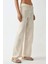Kadın Yüksek Bel Çiçek İşlemeli Geniş Paça Pantolon Krem Doğal 1