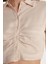 Kadın Slim Fit Dar Kesim Uzun Kollu Klasik Yaka Taş Rengi Gömlek 3