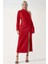 Kadın Asimetrik Yaka Yırtmaçlı Bodycon Midi Elbise Red 1