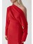 Kadın Asimetrik Yaka Yırtmaçlı Bodycon Midi Elbise Red 3