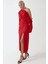 Kadın Asimetrik Yaka Yırtmaçlı Bodycon Midi Elbise Red 4