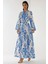 Kadın Baskılı Uzun Kol Kuşaklı Modest Elbise Blue 1