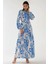 Kadın Baskılı Uzun Kol Kuşaklı Modest Elbise Mavi 3