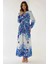 Kadın V Yaka Desenli Modest Elbise Mavi 5