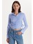 Kadın Slim Fit Rahat Kesim Uzun Kollu Bağlamak Detaylı Çizgili Mavi Gömlek 4