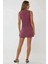 Kadın Düğmeli Fitted Bisiklet Yaka Mini Elbise Purple 5
