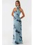 Kadın Straplez Desenli Bodycon Maxi Tül Elbise Blue 2