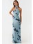 Kadın Straplez Desenli Bodycon Maxi Tül Elbise Blue 4