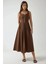 Kadın Yuvarlak Yaka ve Fermuarlı Uzun A Form Elbise Kahve Kahvesi 4