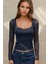 Kadın Kalp Yaka Baskılı Uzun Kollu Üst Blue 2